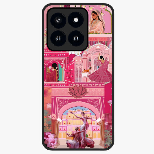 Pink Palace Muse Glass Case showing flat back view with elegant palace inspired artwork and glossy glass finish.