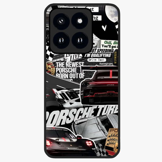 Porsche Racing Collage Glass Case showing flat back view with sports car racing collage artwork and glossy glass finish.