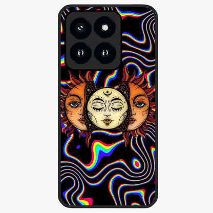 Psychedelic Sun Glass Case showing flat back view with colorful psychedelic sun artwork and glossy glass finish.