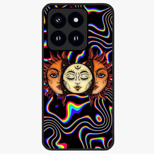 Psychedelic Sun Glass Case showing flat back view with colorful psychedelic sun artwork and glossy glass finish.