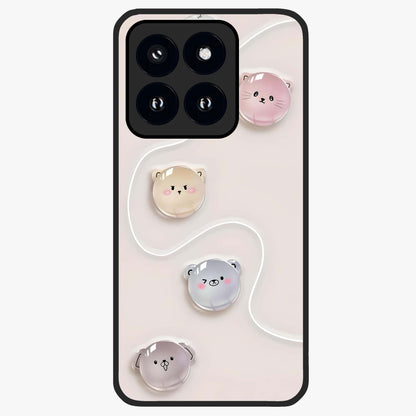 Puffy Face Parade Glass Case showing flat back view with cute puffy character faces artwork and glossy glass finish.