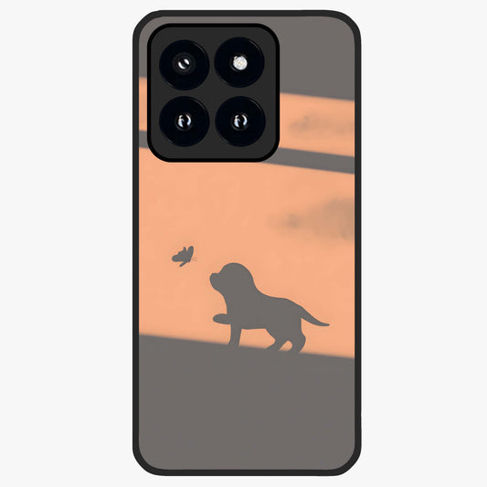 Puppy Shadow Art Glass Case showing flat back view with cute puppy shadow style artwork and glossy glass finish.