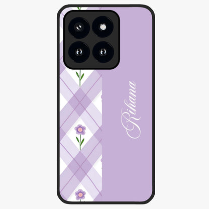 Purple Diamond Floral Glass Case showing flat back view with diamond shaped floral artwork and glossy glass finish.