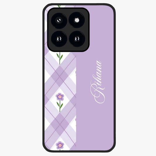 Purple Diamond Floral Glass Case showing flat back view with diamond shaped floral artwork and glossy glass finish.