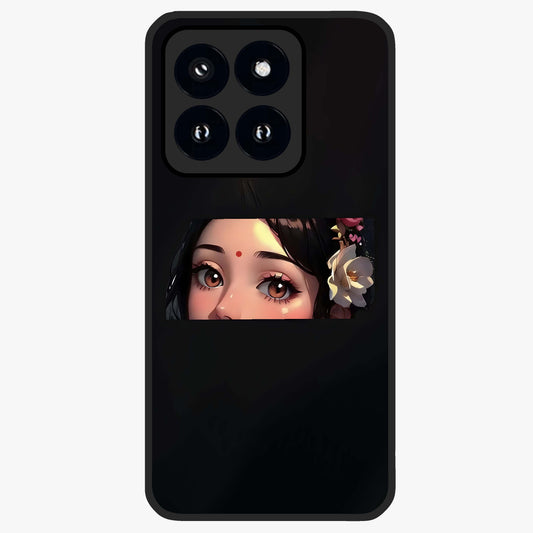 Radha Divine Embrace Glass Case showing flat back view with devotional Radha artwork and glossy glass finish.