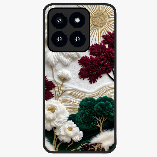 Radiant Bloom Elegance Glass Case showing flat back view with elegant blooming flower artwork and glossy glass finish.
