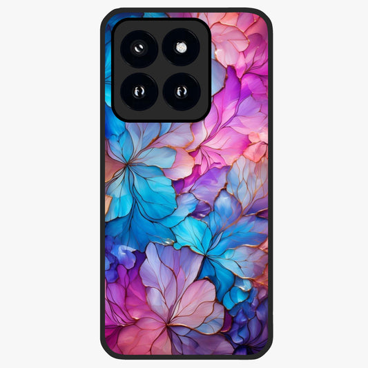 Radiant Floral Whirl Glass Case showing flat back view with swirling floral artwork and glossy glass finish.