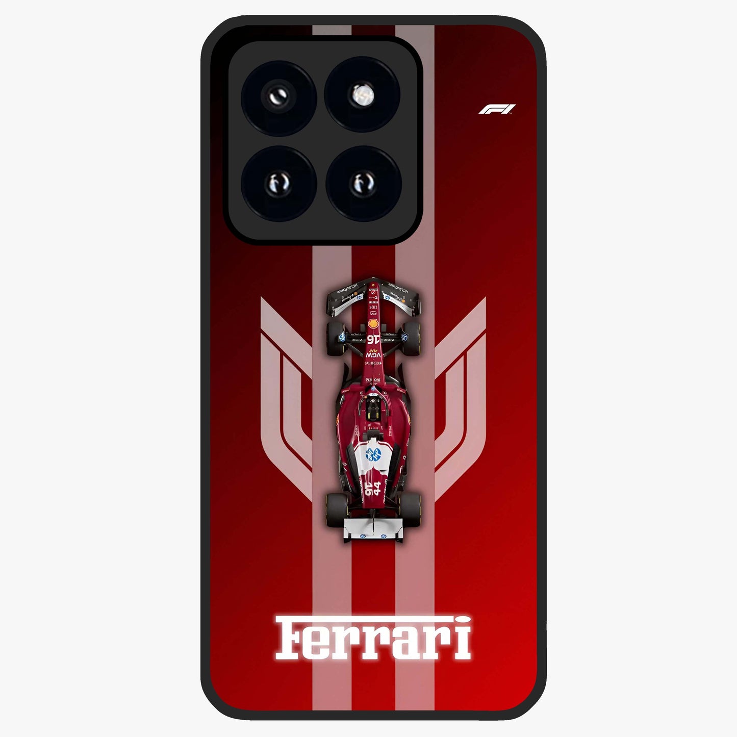 Red Ferrari F1 Vertical Glass Case showing flat back view with sleek Formula racing car artwork and glossy glass finish.