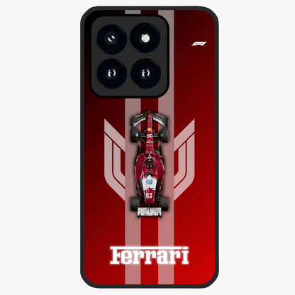 Red Ferrari F1 Vertical Glass Case showing flat back view with sleek Formula racing car artwork and glossy glass finish.