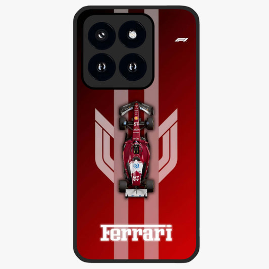 Red Ferrari F1 Vertical Glass Case showing flat back view with sleek Formula racing car artwork and glossy glass finish.