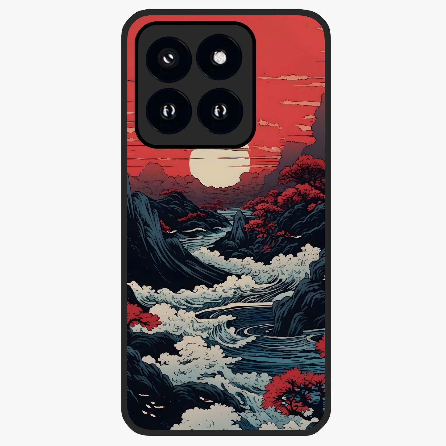 Red Sunset Scenery Glass Case showing flat back view with vibrant sunset landscape artwork and glossy glass finish.