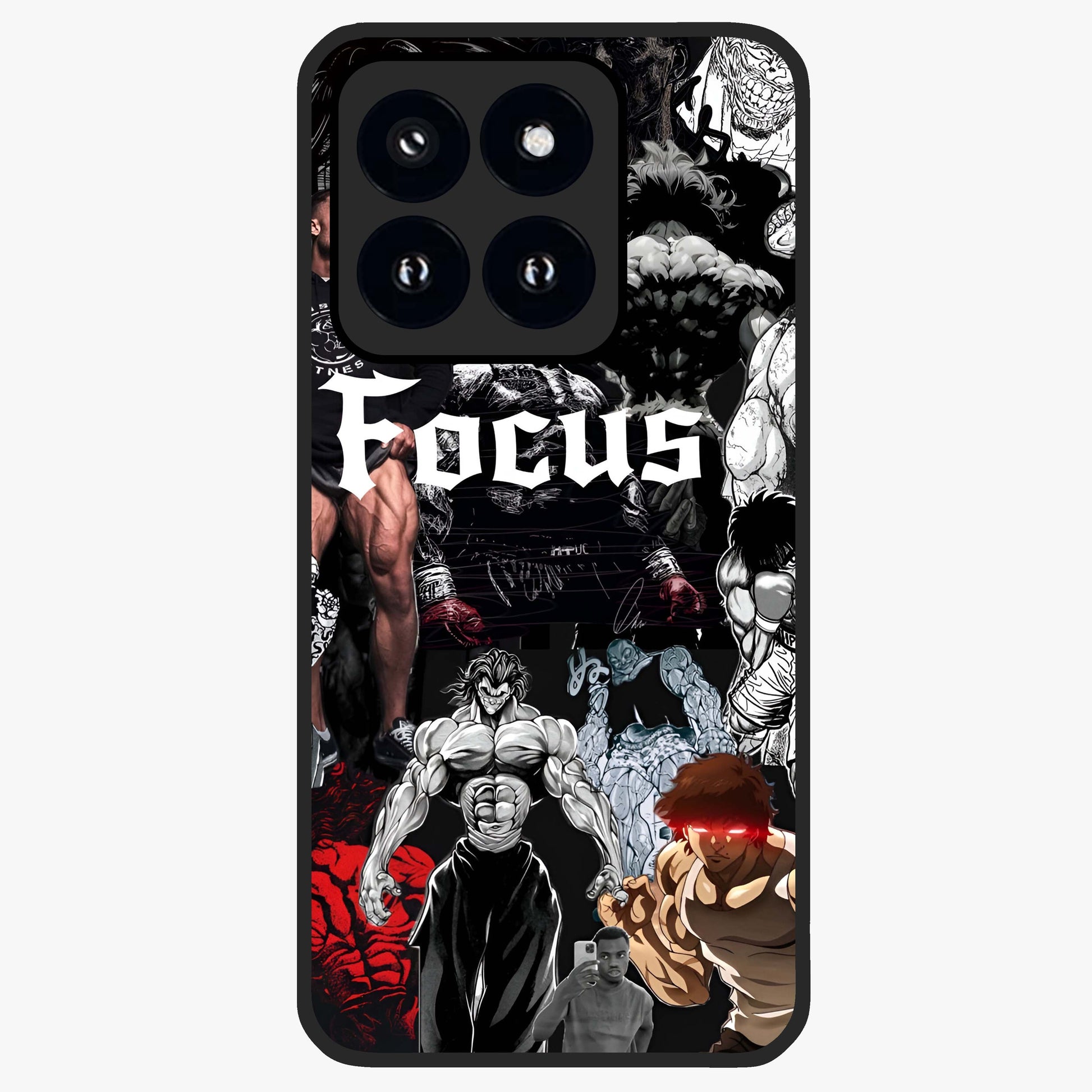 Relentless Power Focus Glass Case showing flat back view with motivational typography artwork and glossy glass finish.