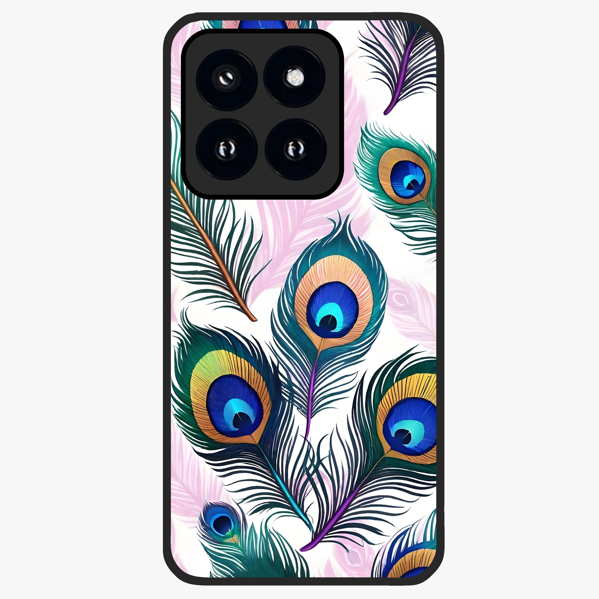 Royal Peacock Feathers Glass Case showing flat back view with colorful peacock feather artwork and glossy glass finish.