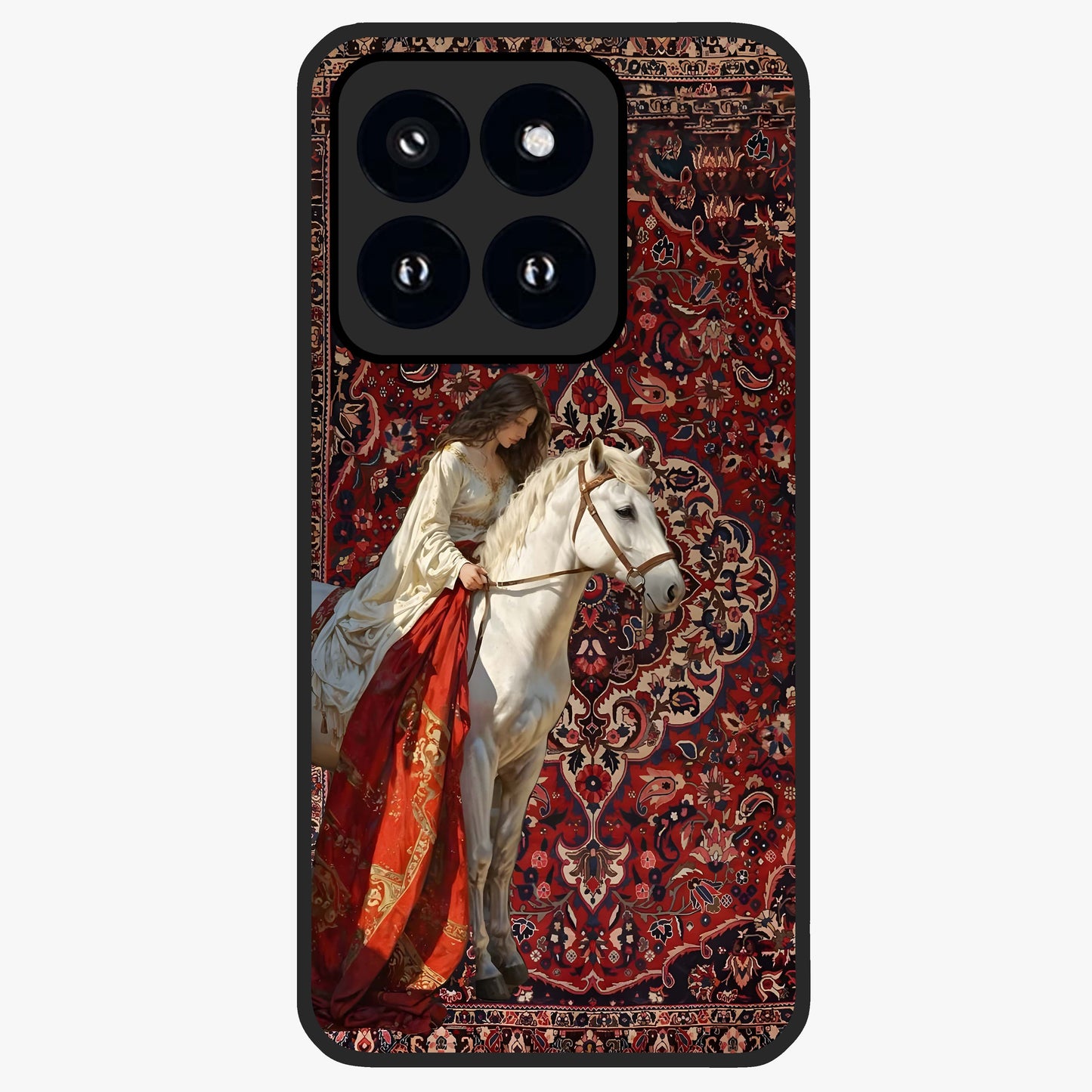 Royal Rider Tapestry Glass Case showing flat back view with majestic horse rider tapestry artwork and glossy glass finish.