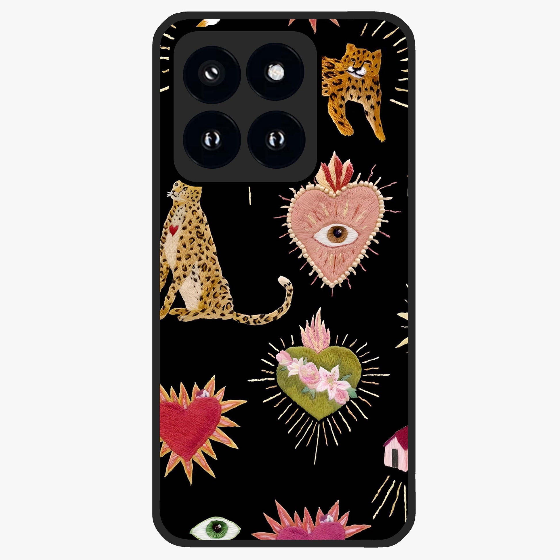 Sacred Jungle Heart Glass Case showing flat back view with jungle inspired heart artwork and glossy glass finish.