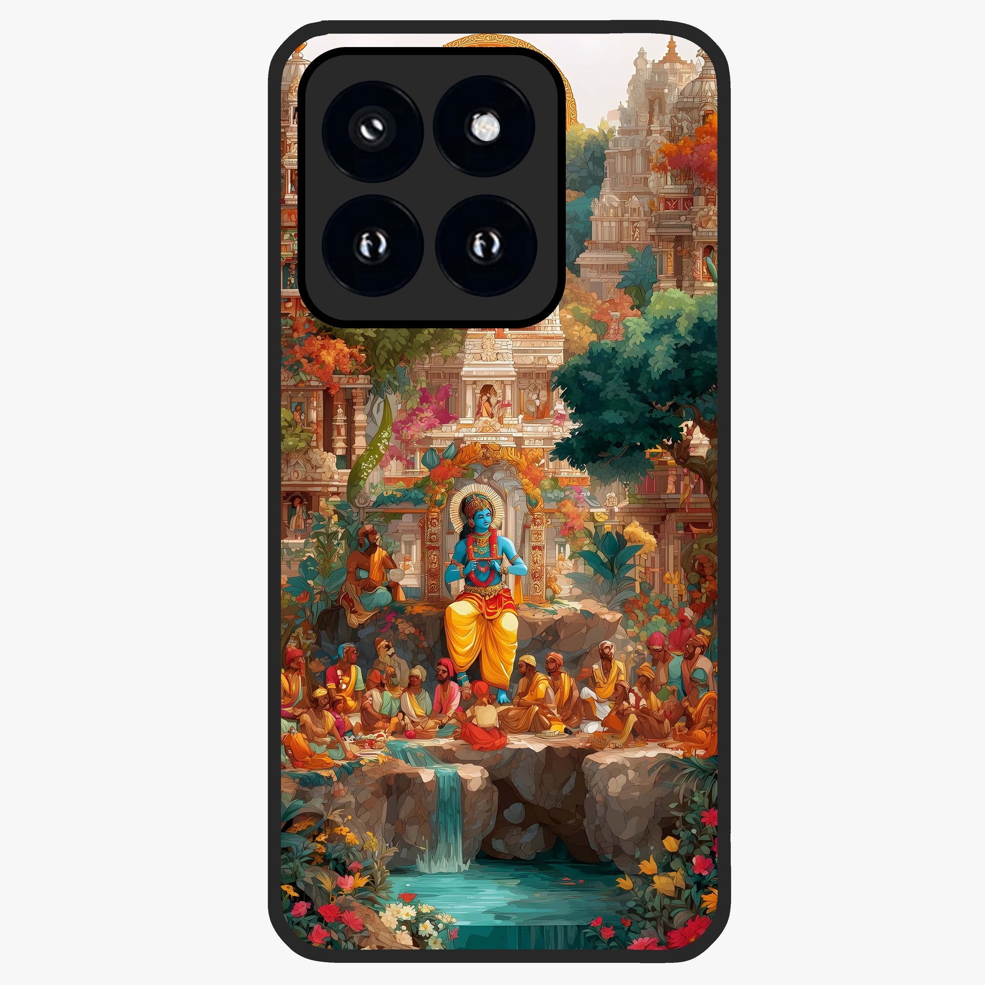 Sacred Sunlight Gods Glass Case showing flat back view with divine sunlight themed artwork and glossy glass finish.