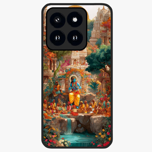 Sacred Sunlight Gods Glass Case showing flat back view with divine sunlight themed artwork and glossy glass finish.