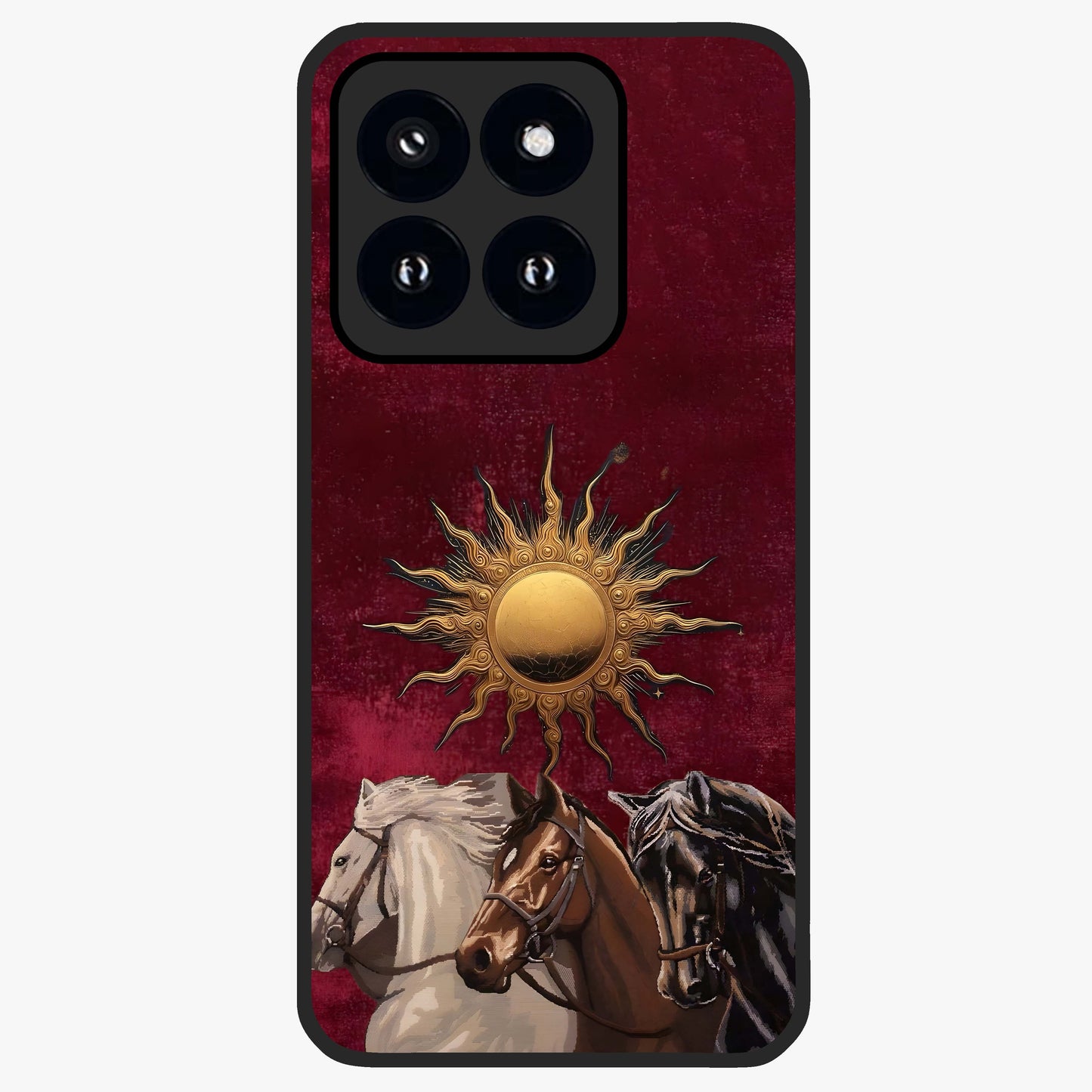 Solar Riders Glass Case showing flat back view with dynamic rider themed artwork and glossy glass finish.
