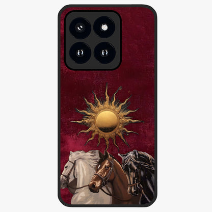 Solar Riders Glass Case showing flat back view with dynamic rider themed artwork and glossy glass finish.