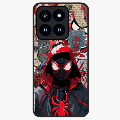 Spider Collage Street Glass Case showing flat back view with vibrant superhero collage artwork and glossy glass finish.