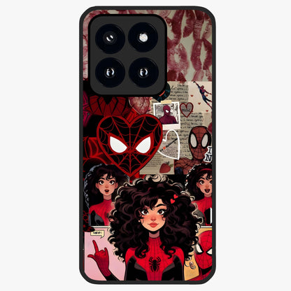 Spider Love Story Glass Case showing flat back view with romantic superhero themed artwork and glossy glass finish.