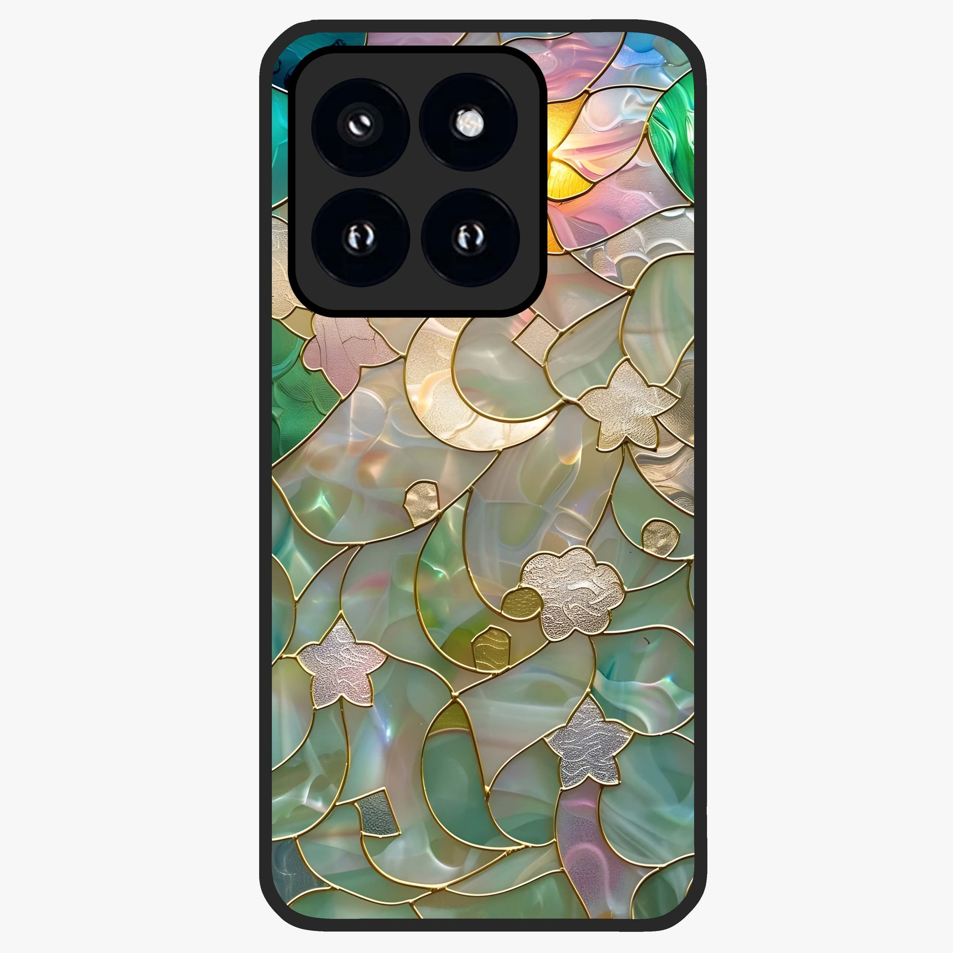 Stained Sunrise Glow Glass Case showing flat back view with glowing sunrise stained pattern artwork and glossy glass finish.