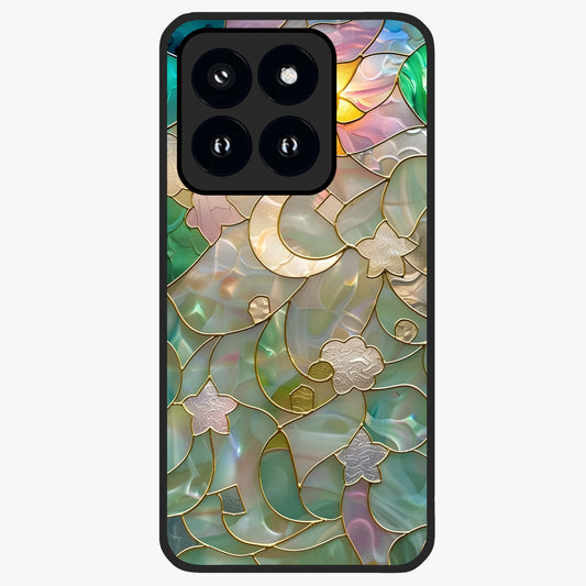 Stained Sunrise Glow Glass Case showing flat back view with glowing sunrise stained pattern artwork and glossy glass finish.