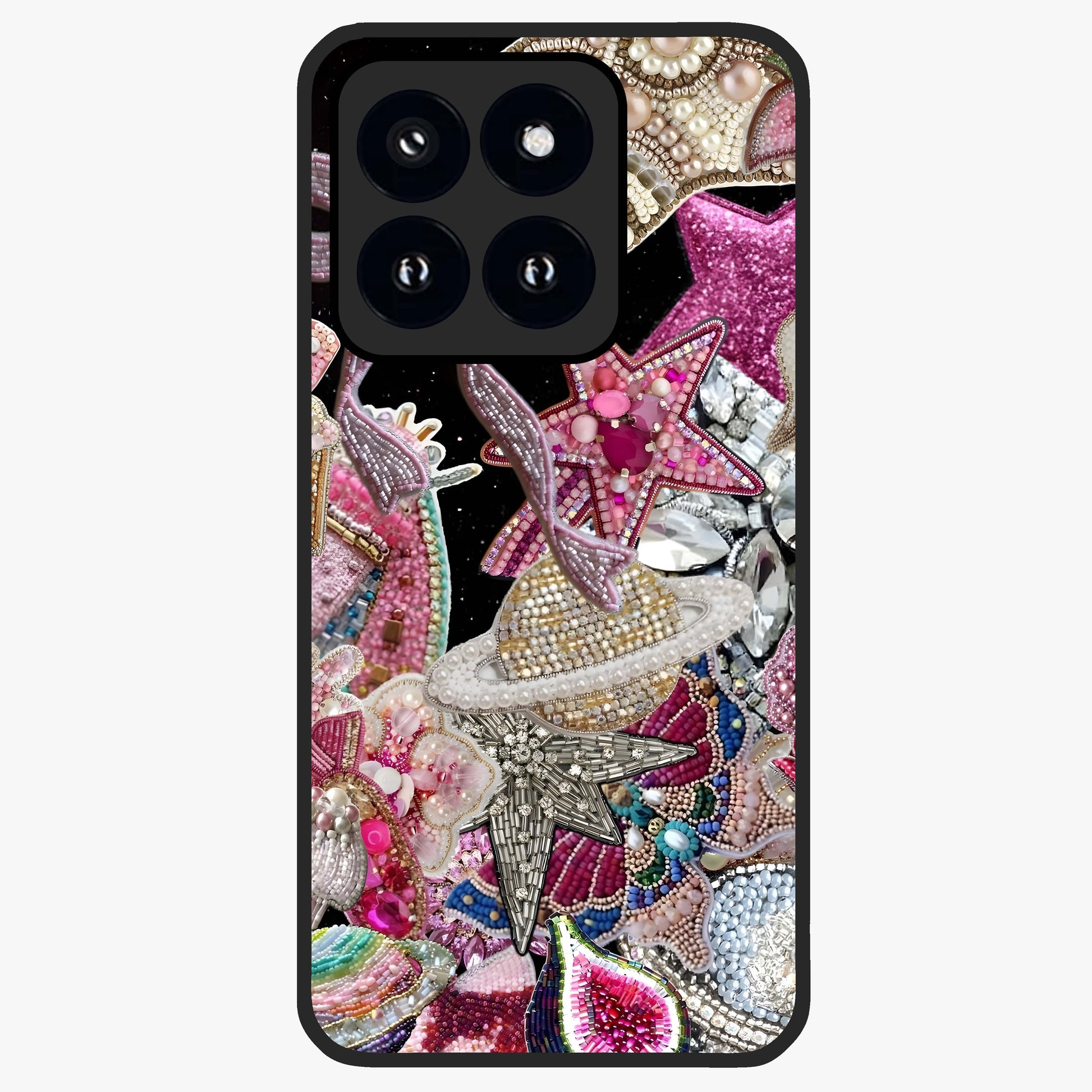 Starlit Jewel Dream Glass Case showing flat back view with sparkling jewel and star themed artwork and glossy glass finish.