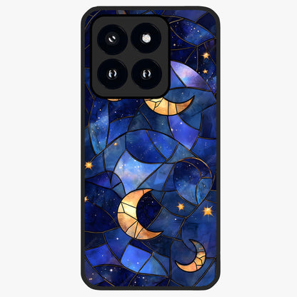 Starlit Sky Tapestry Glass Case showing flat back view with decorative starry sky tapestry artwork and glossy glass finish.