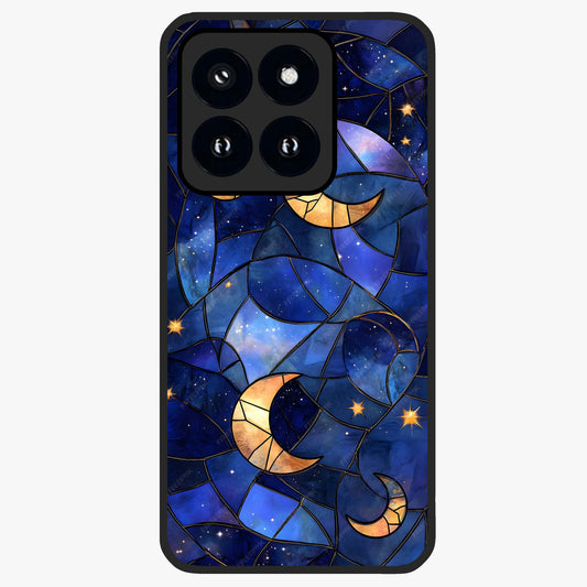 Starlit Sky Tapestry Glass Case showing flat back view with decorative starry sky tapestry artwork and glossy glass finish.