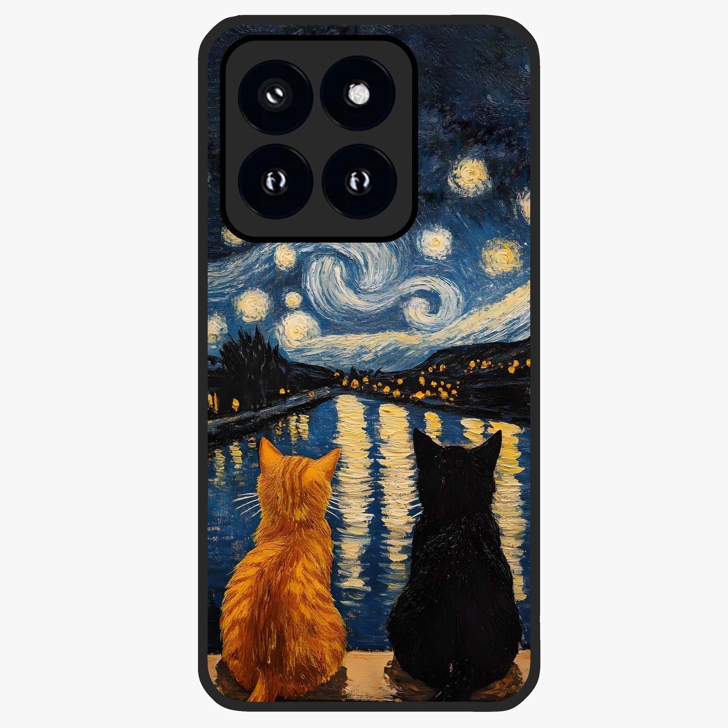 Starry River Cats Glass Case showing flat back view with cats by a starry river artwork and glossy glass finish.