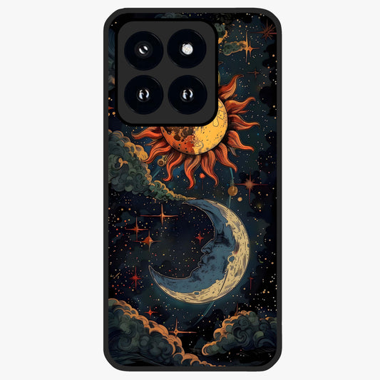 Sun And Moon Magic Design Glass Case showing flat back view with mystical sun and moon artwork and glossy glass finish.