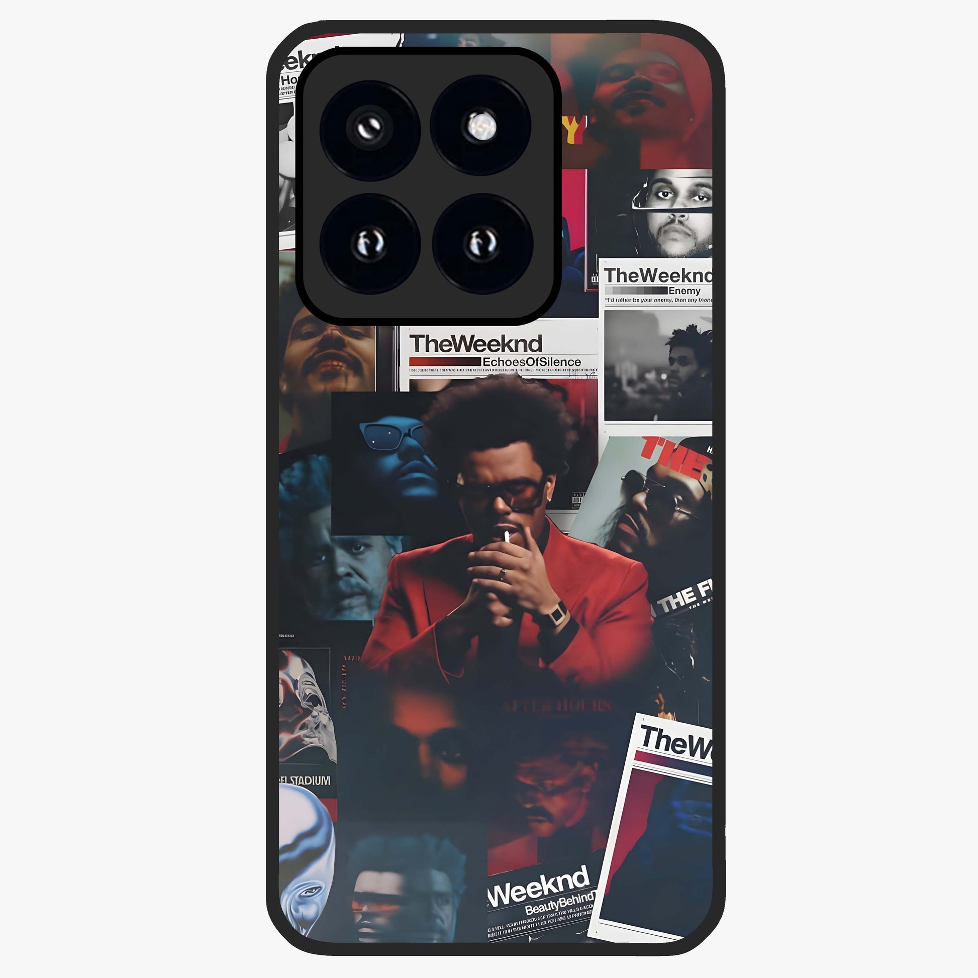 The Weeknd Glass Case showing flat back view with music inspired artistic portrait artwork and glossy glass finish.