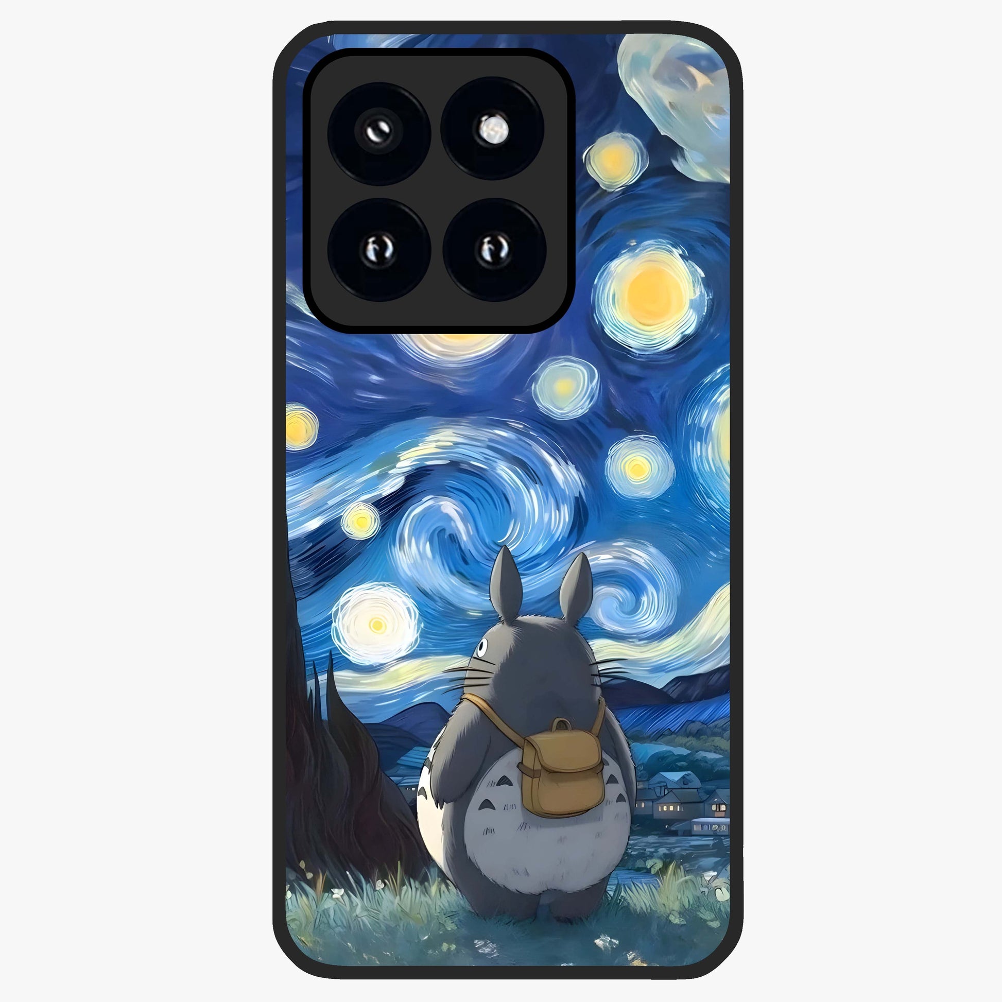 Totoro In Van Gogh Art Glass Case showing flat back view with whimsical character artwork inspired by Van Gogh style and glossy glass finish.