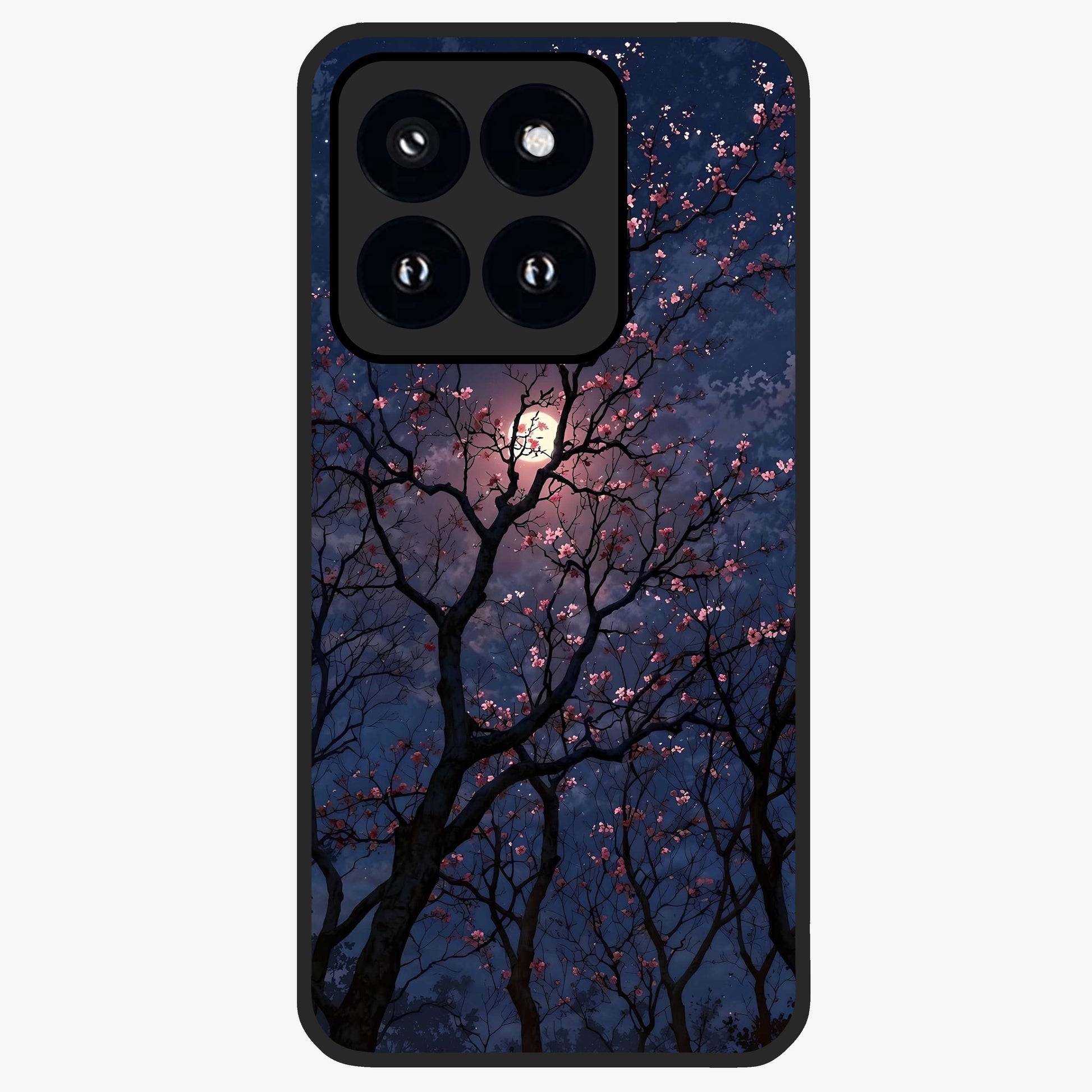 Twilight Sakura Serenade Glass Case showing flat back view with cherry blossom artwork at twilight and glossy glass finish.