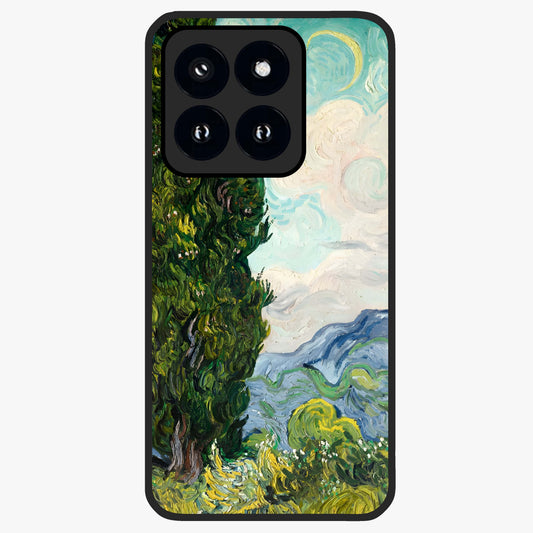 Van Gogh Vintage Art Glass Case showing flat back view with vintage painterly artwork inspired by Van Gogh style and glossy glass finish.