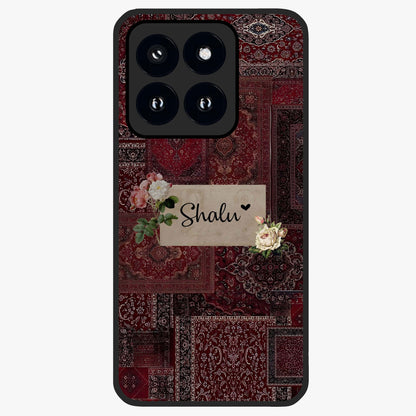 Velvet Wine Pattern Custom Name Glass Case showing flat back view with elegant wine colored pattern artwork and personalized name design.