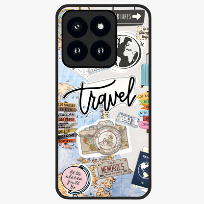Wanderlust Journal Glass Case showing flat back view with travel inspired artwork and glossy glass finish.