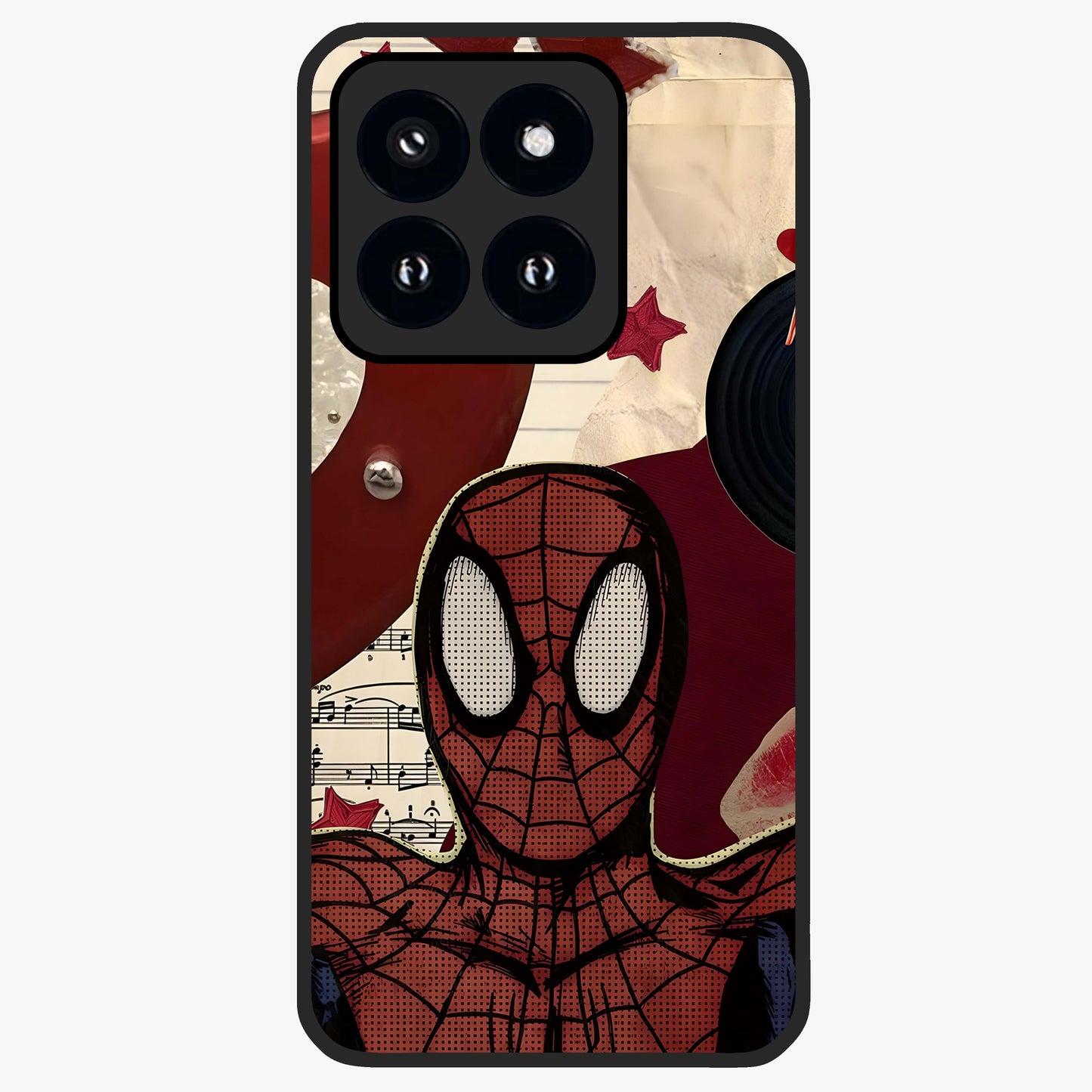 Web Warrior Vibes Glass Case showing flat back view with superhero inspired web themed artwork and glossy glass finish.