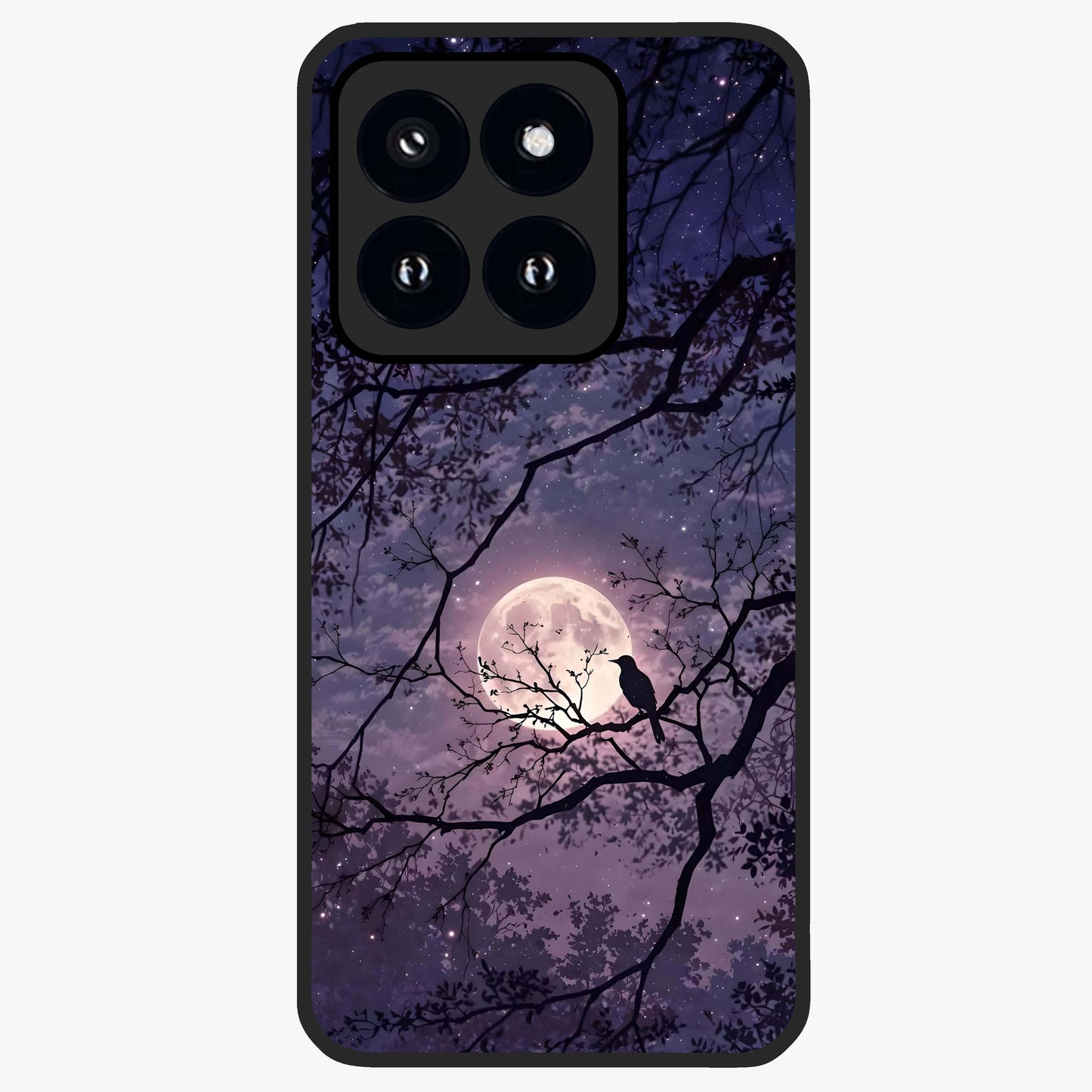 Whispering Moon Silence Glass Case showing flat back view with serene moon themed artwork and glossy glass finish.