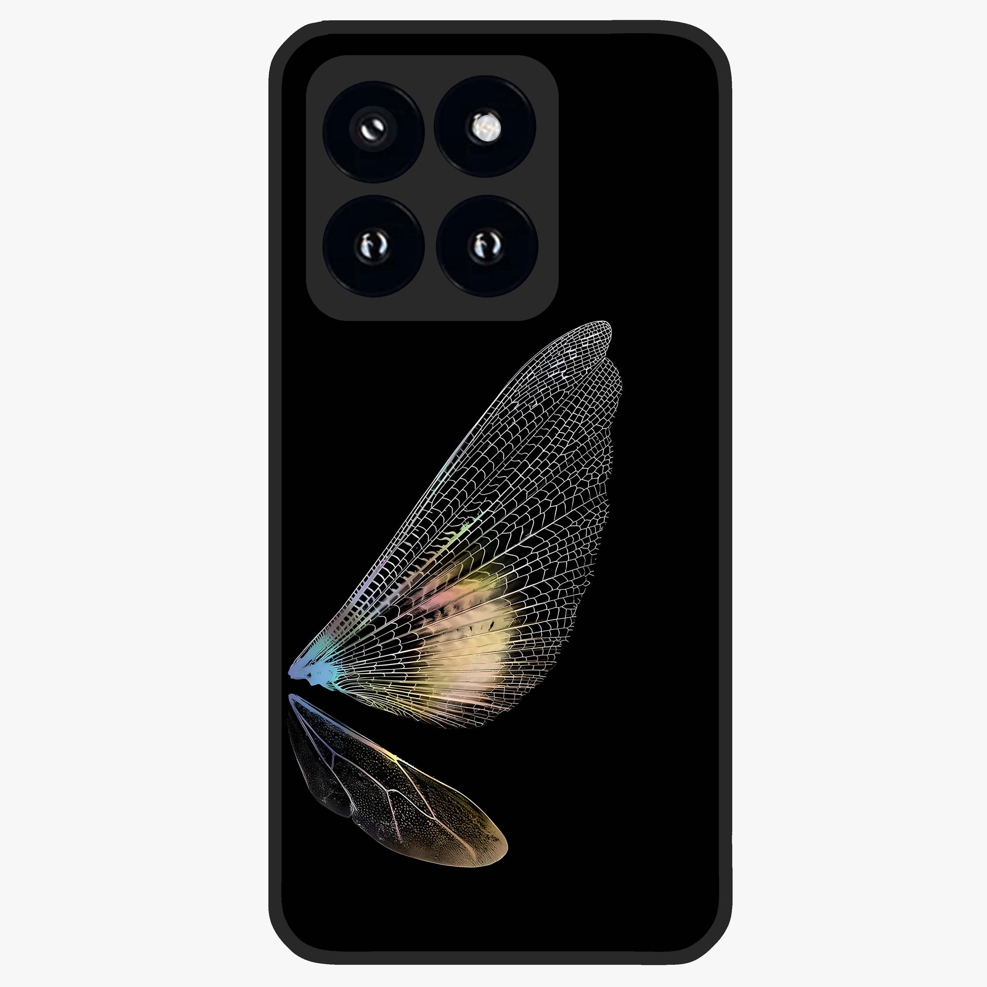 Whispers Of Wings Glass Case showing flat back view with graceful wing inspired artwork and glossy glass finish.