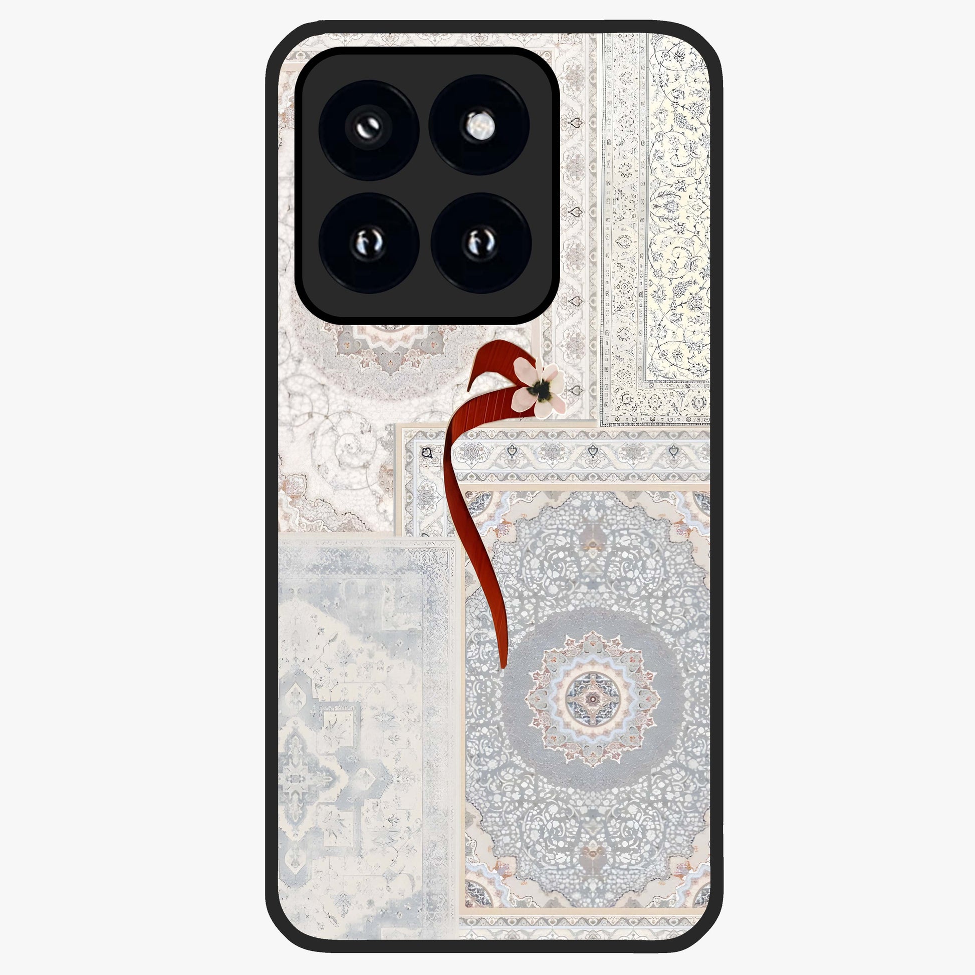 White Aesthetic Bow Glass Case showing flat back view with minimal bow artwork and glossy glass finish.