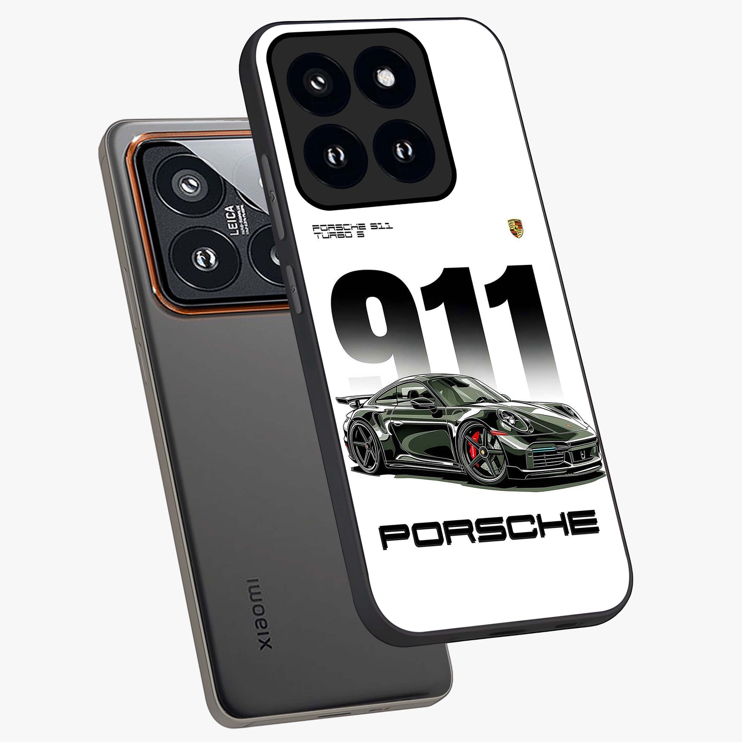 911 Turbo Dominance Glass Case displayed in premium angled mockup highlighting sporty car illustration and sleek glass surface.