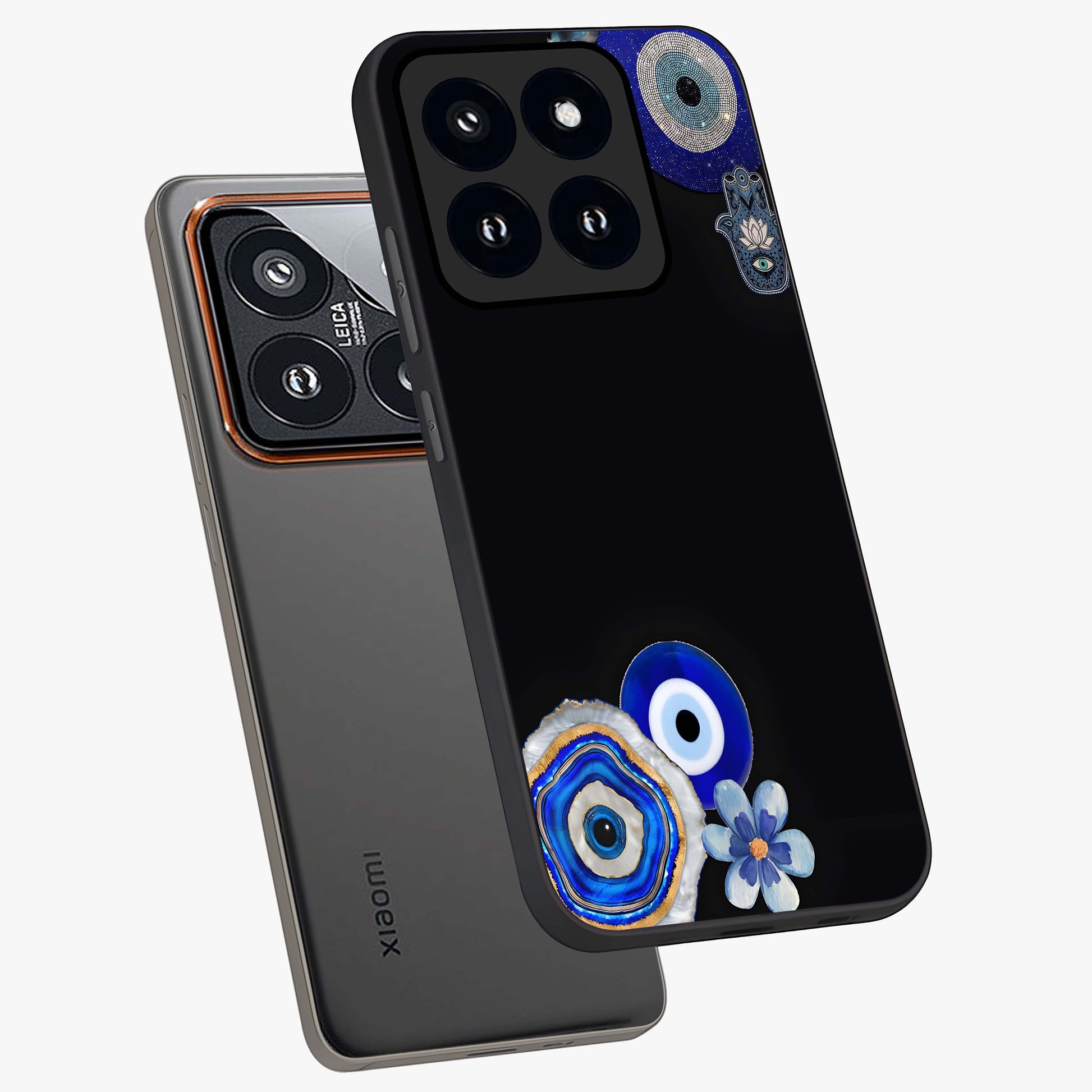Aesthetic Blue Evil Eye Glass Case displayed in angled mockup highlighting blue evil eye symbol and spiritual aesthetic design.