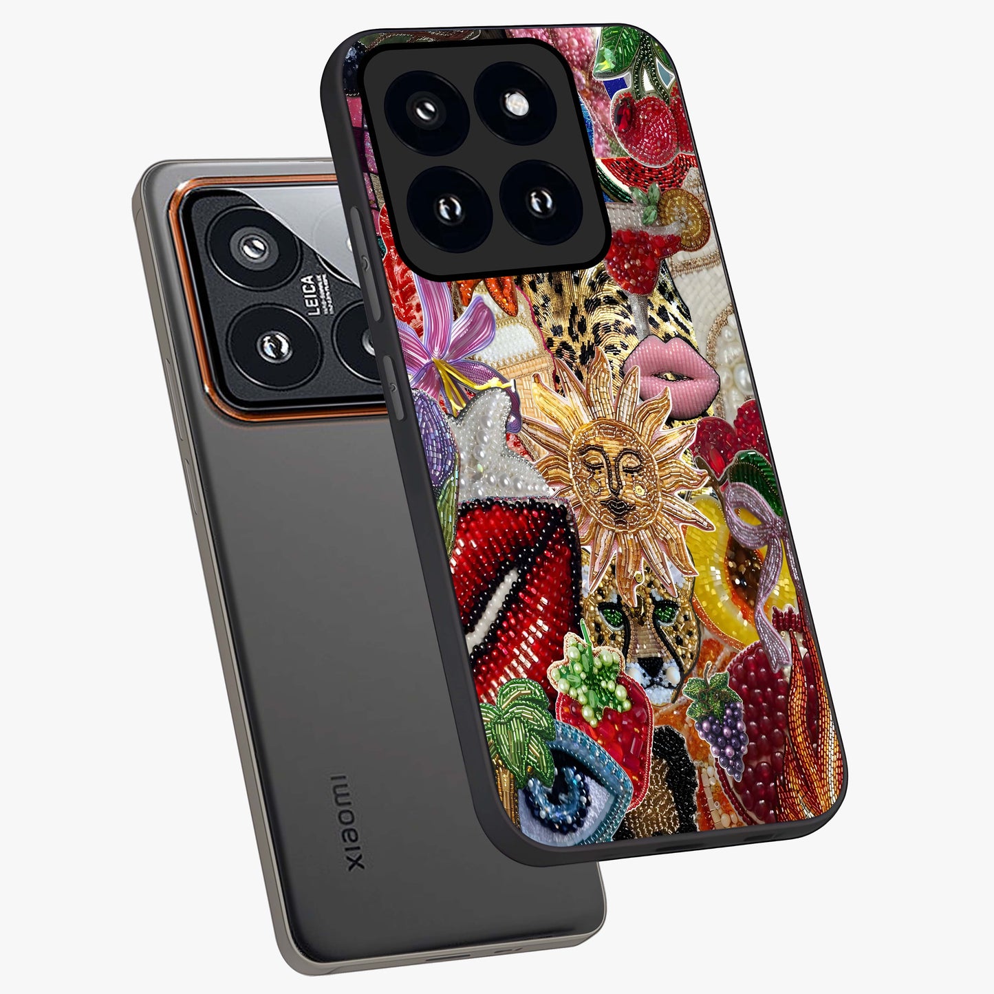 Beaded Fashion Jungle Glass Case displayed in angled mockup highlighting colorful fashion bead design and artistic pattern.