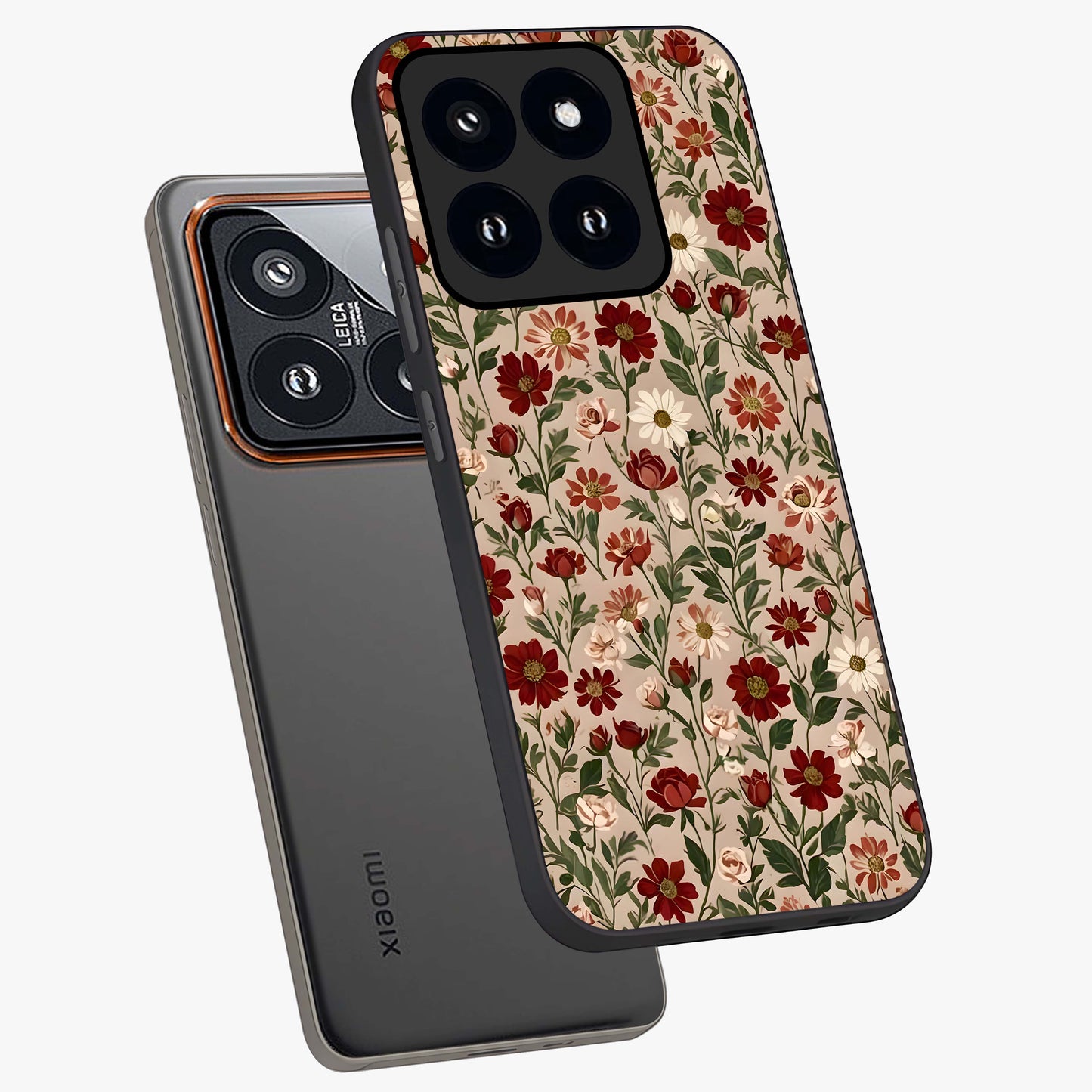 Biege Flower With Leaf Glass Case displayed in angled mockup highlighting minimal floral leaf design and elegant aesthetic.