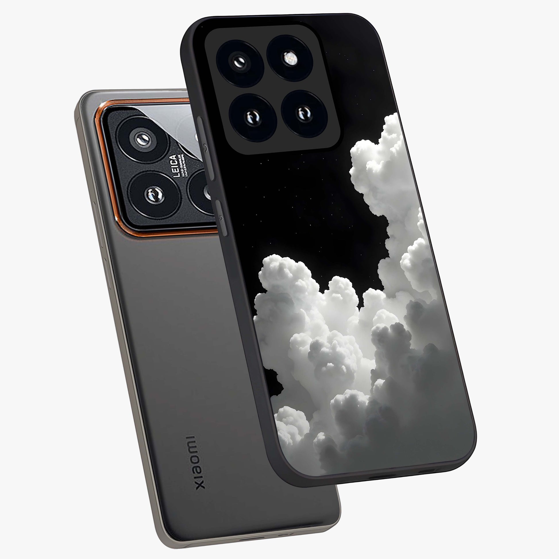 Black Background With White Cloud Glass Case displayed in angled mockup highlighting soft white cloud illustration and minimal design.