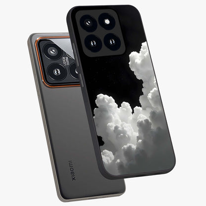 Black Background With White Cloud Glass Case displayed in angled mockup highlighting soft white cloud illustration and minimal design.