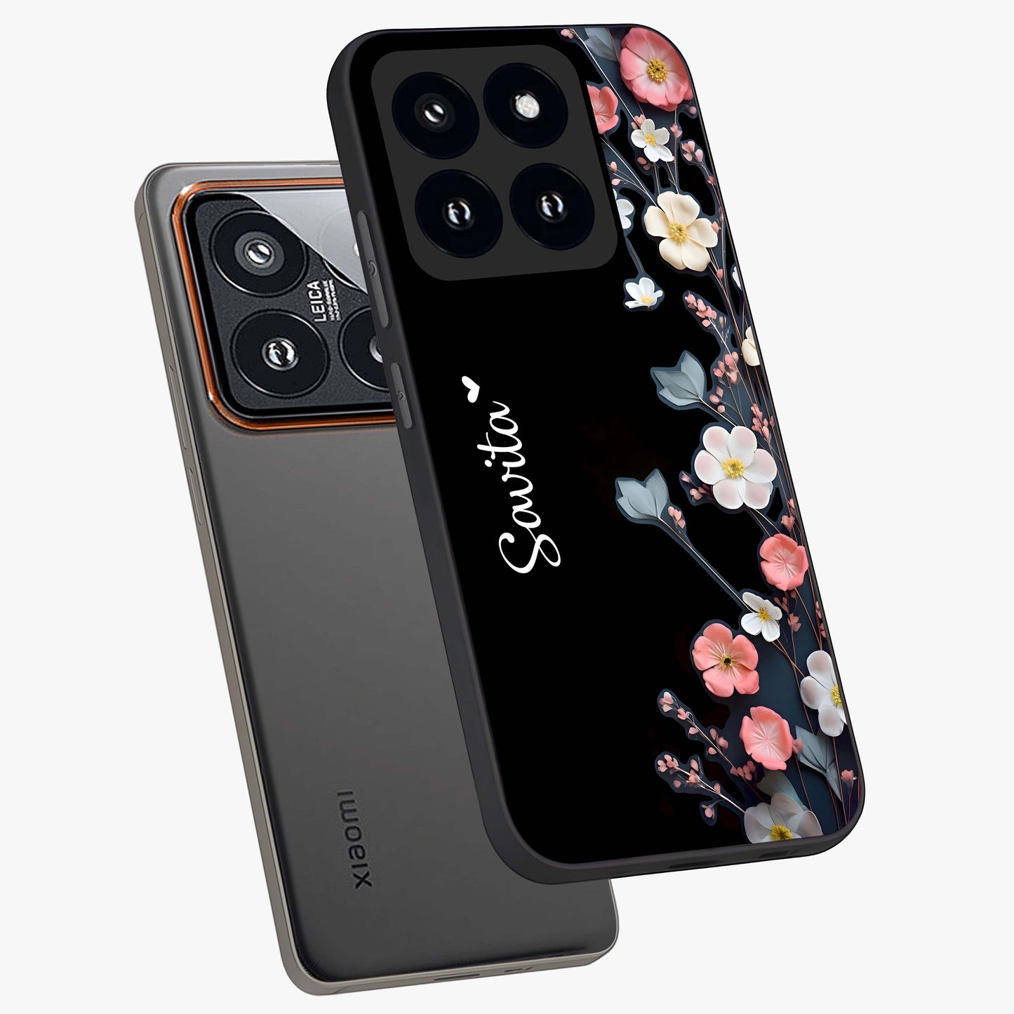 Black Elegance Floral Custom Name Glass Case displayed in angled mockup highlighting dark floral aesthetic and custom name feature.