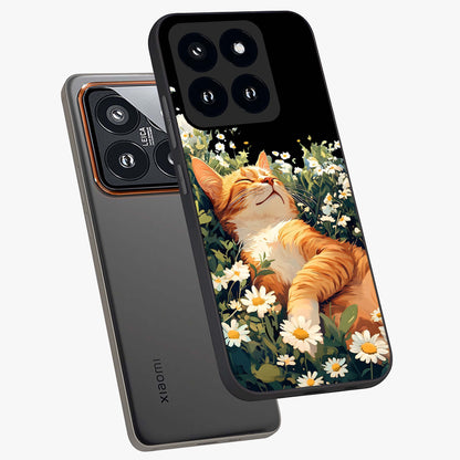 Blissful Bloom Cat Glass Case displayed in angled mockup highlighting playful feline illustration with soft floral aesthetic.